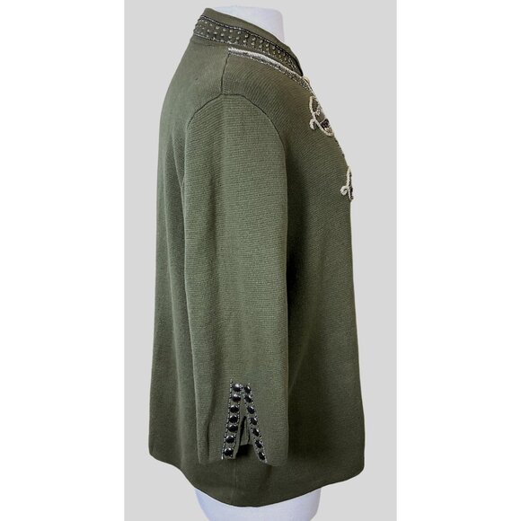 Chicos Military Embellished Cardigan Ambered Olive 3/4 Sleeves High Neck Large - Picture 5 of 12